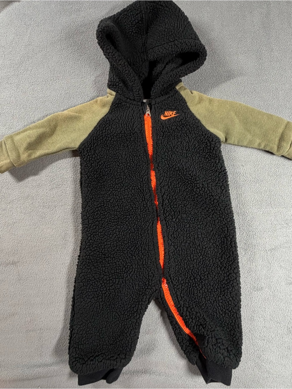 Nike Black Sherpa One-Piece with Olive Sleeves and Orange Zip